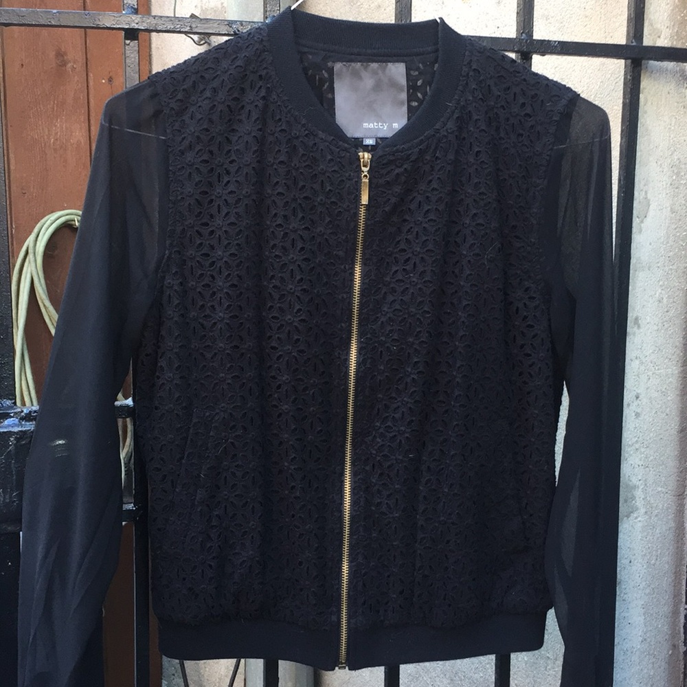 Sheer sleeve black zip up